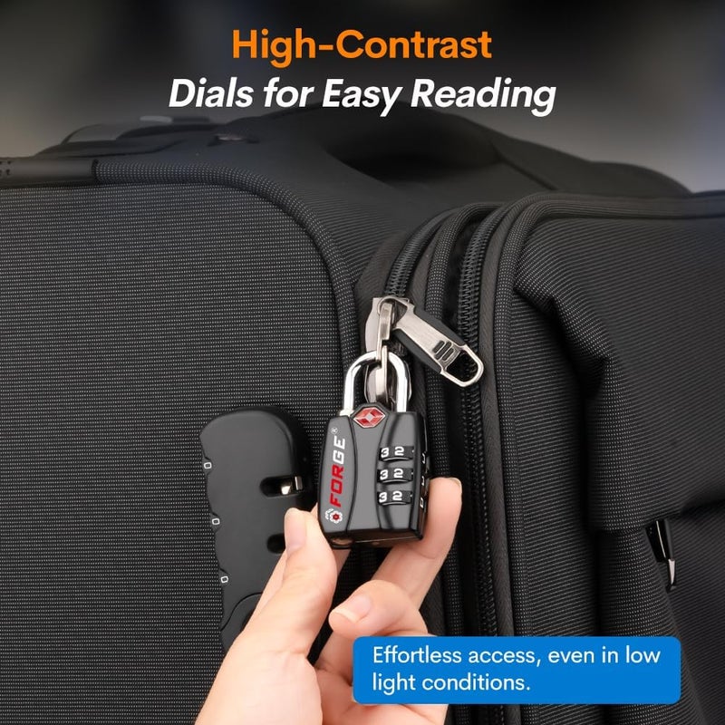 Forge Luggage Locks TSA Approved Black 1 Lock, Small Combination Lock with Zinc Alloy Body, Open Alert, Easy Read Dials, for Travel Suitcase, Bag, Backpack, Lockers. - Image 4